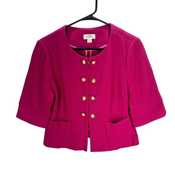 LOFT Pink Wool Blend Cropped Blazer M Gold Buttons Power Pink Preppy Vintage - Picture 1 of 6